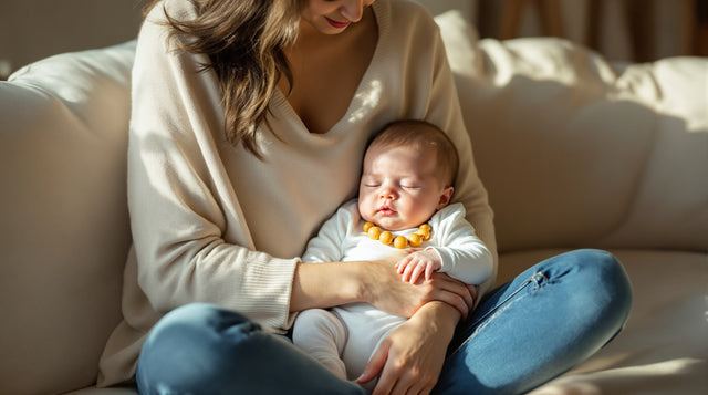 Anne ve bebeği kehribar kolyesiyle