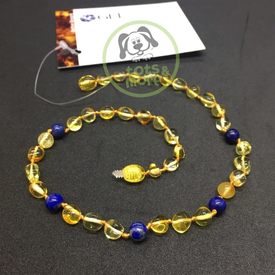 Lapis ve Antik Limon Rengi Kehribar Bebek Kolyesi